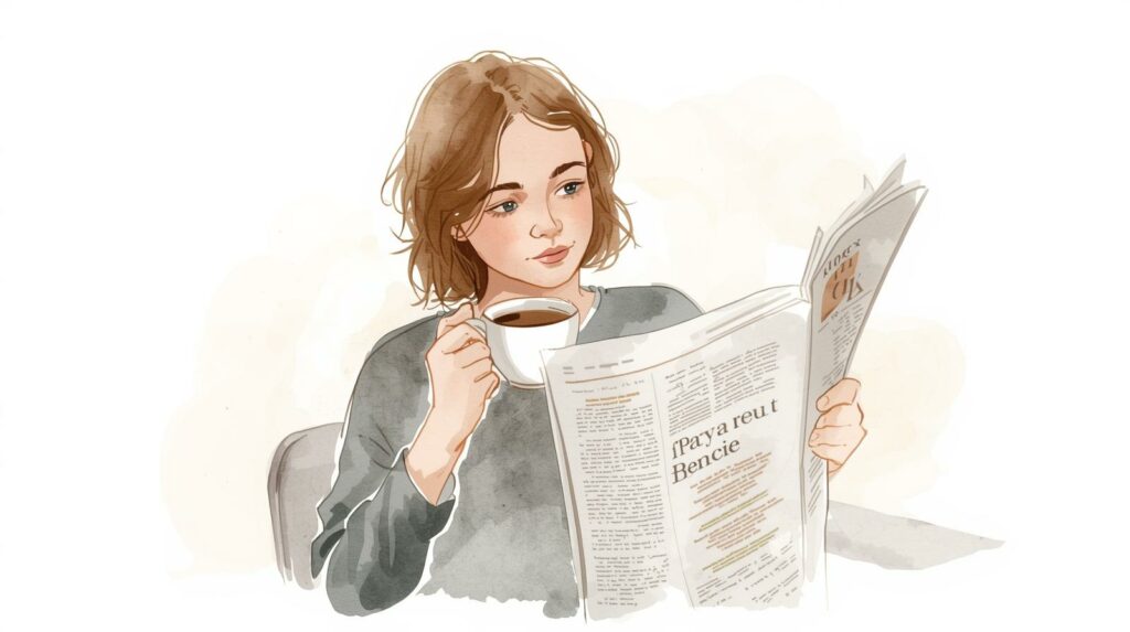 Eine Person liest entspannt eine französische Zeitung bei einem Kaffee
