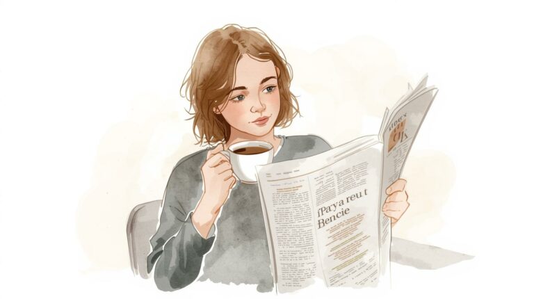 Eine Person liest entspannt eine französische Zeitung bei einem Kaffee