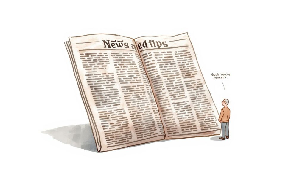 ein Mann vor einer großen Zeitung