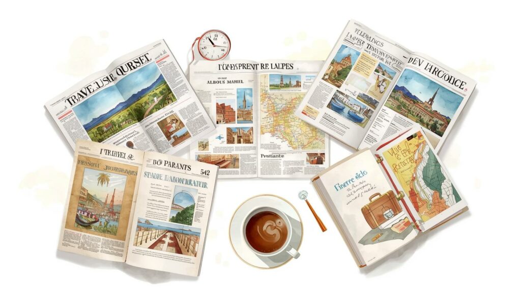 eine Tasse Kaffee und Zeitungen zum Thema Reisen