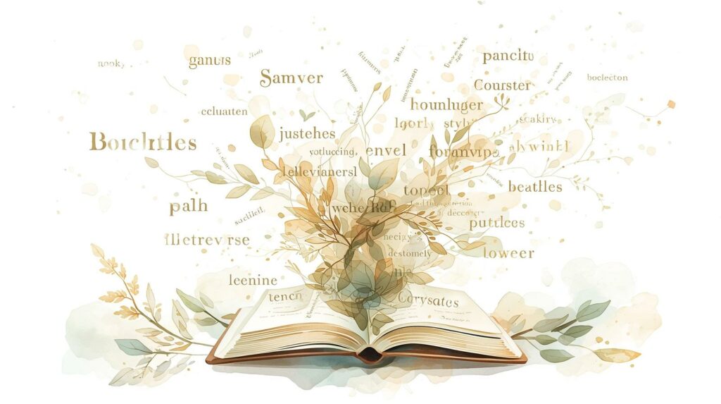 offenes Buch, aus dem Sätze hervorgehen, die sich in leichte Motive verwandeln,